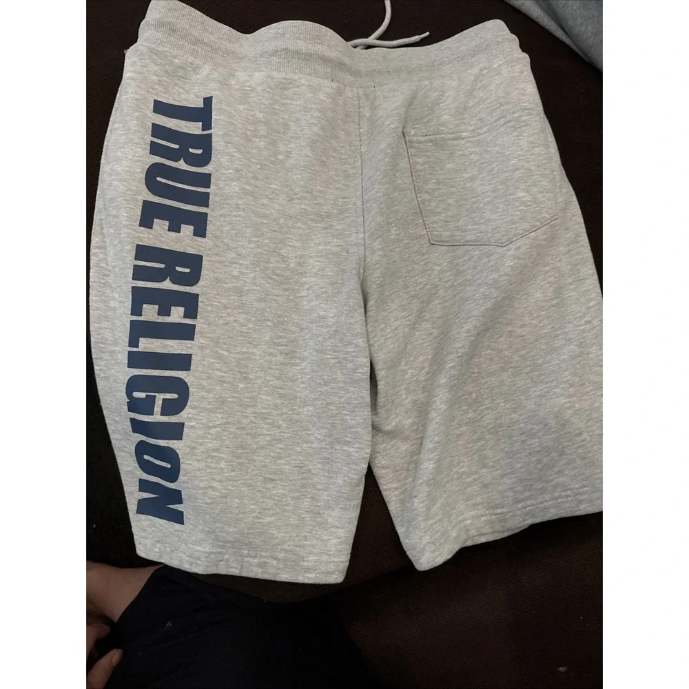 True Religion Shorts Mens M Gray Fleece Sweat Logo Drawstring Athletic Gym - Picture 3 of 8